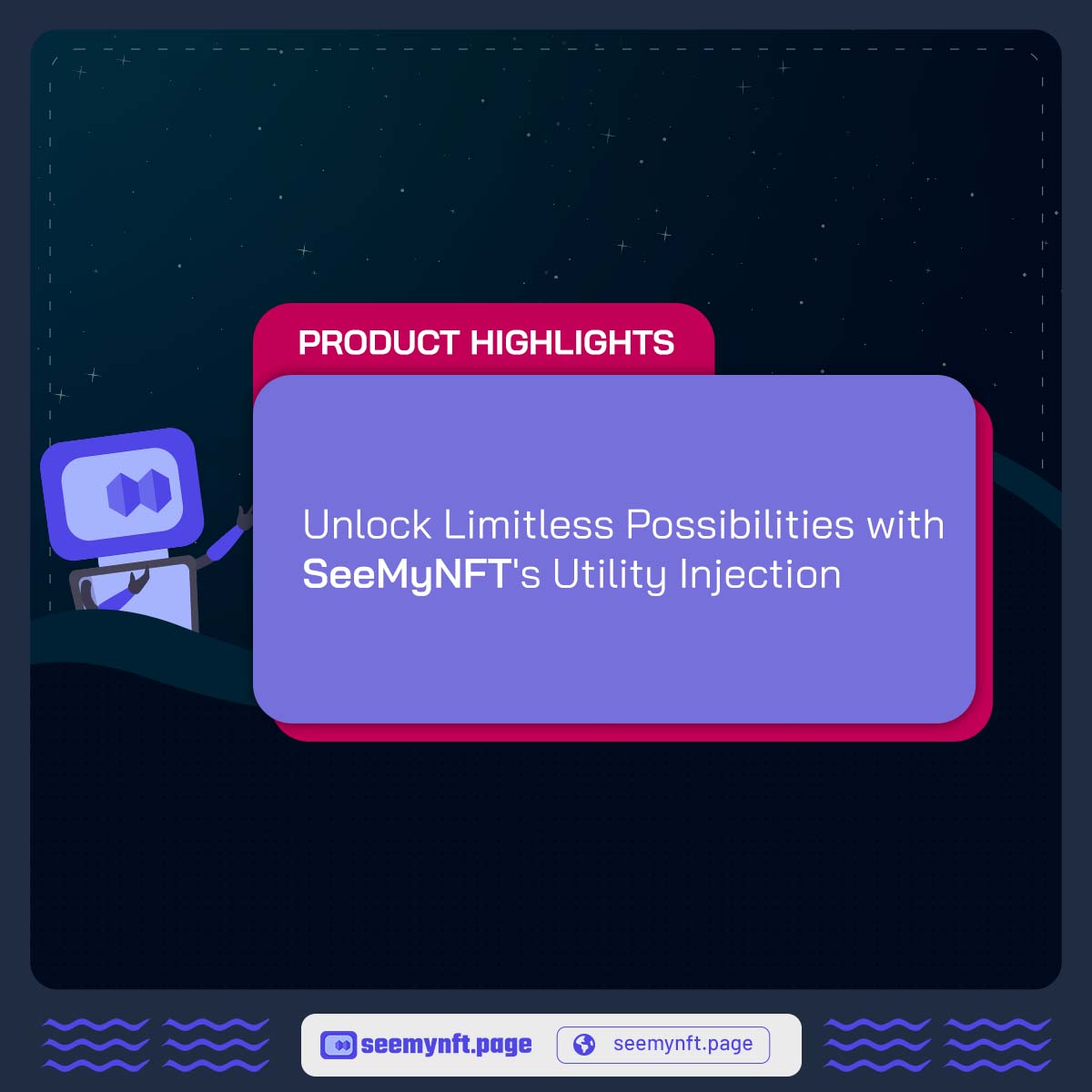 seemynft's tweet photo. 🔓 Unleash Limitless Potential with SeeMyNFT's Utility Injection! 💎✨Discover a new dimension of NFTs on https://t.co/YlWqQpXRpf. Beyond uniqueness, we prioritize utility, making NFTs powerful assets with exclusive privileges. #SeemyNFT #NFTRevolution #UnlockThePossibilities https://t.co/BzZHAjeTfH