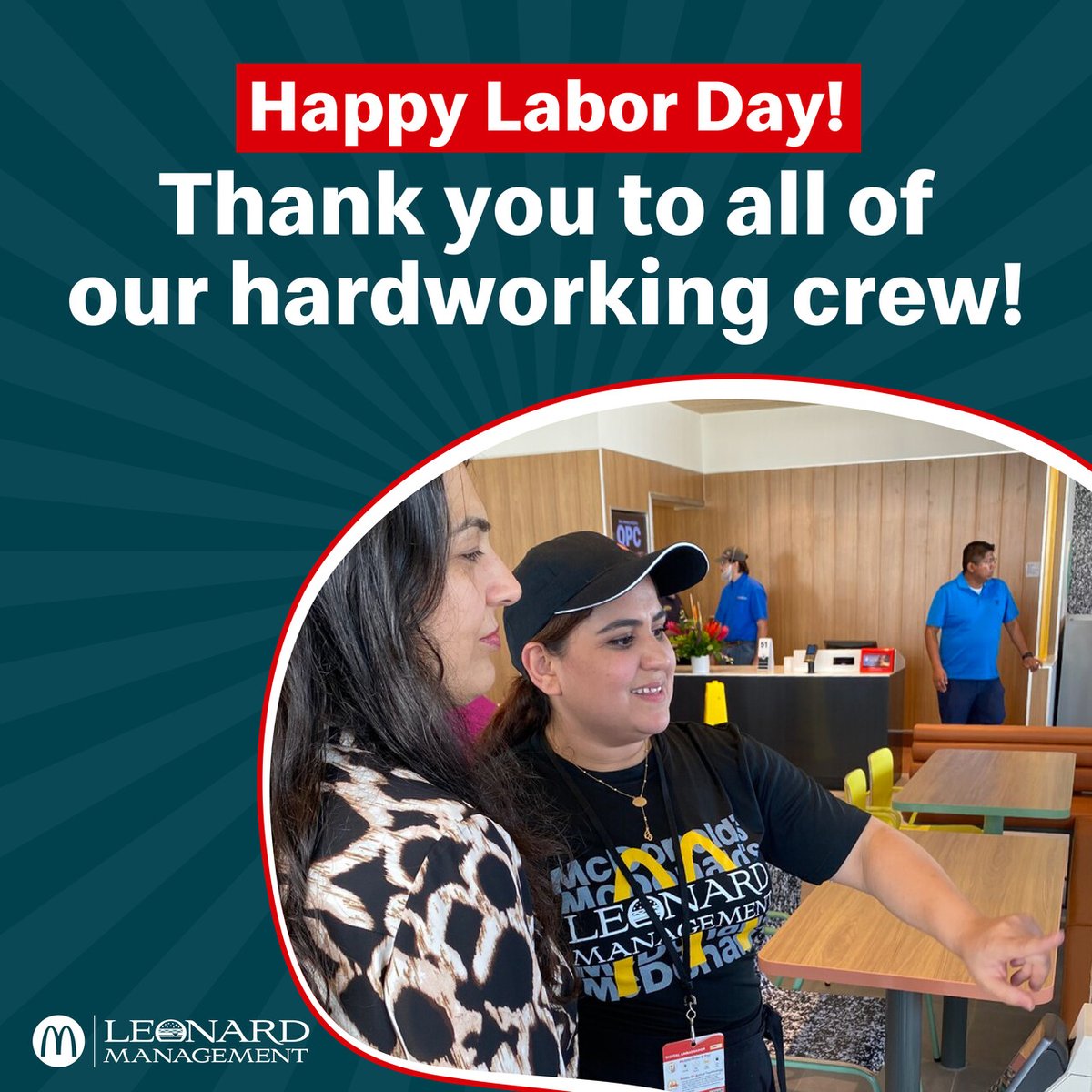 Happy Labor Day from Leonard Management McDonald's! 🇺🇸 

We're full of gratitude today for our team members who serve up smiles and delicious meals all day! Be sure to stop by a restaurant near you and thank them for all of their hard work!