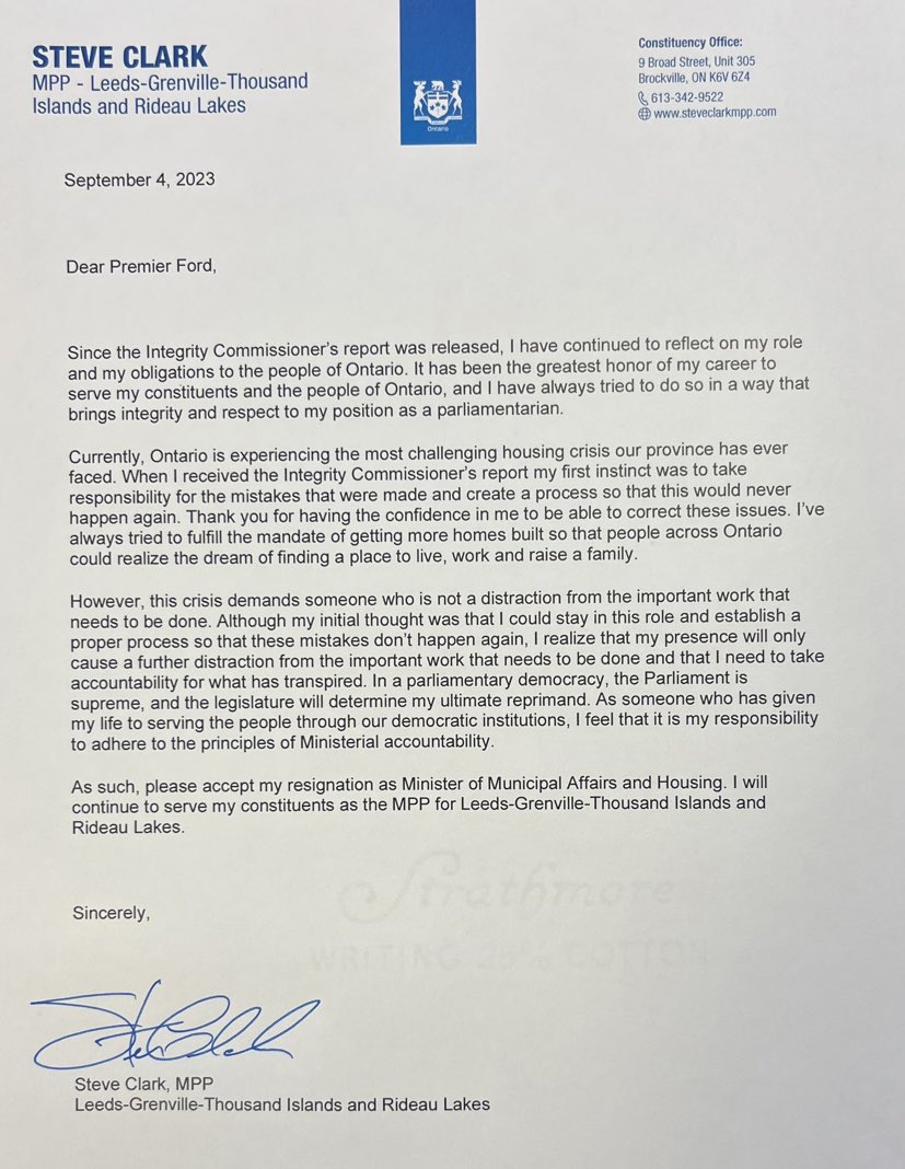 #BREAKING - Steve Clark resigns as Housing Minister, posting his resignation letter to the Premier on his Twitter account. Clark was embroiled in the Greenbelt scandal, the integrity commissioner having found he violated ethics rules.