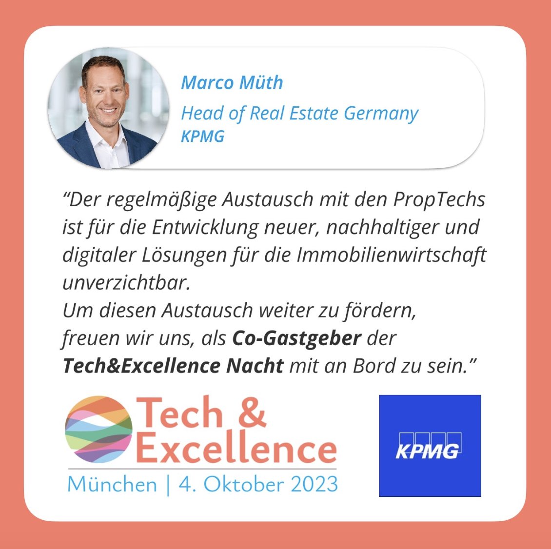 Wer gibt Orientierung, wenn es unübersichtlich wird?

Natürlich unser erster #Sponsor für die Tech &amp; Excellence Nacht am 4. Oktober in #München!

Wir danken dem Team von <a href="/KPMG_DE/">KPMG in Deutschland</a>  - KPMG Real Estate, allen voran Marco Mueth und Robert Betz für die Unterstützung.