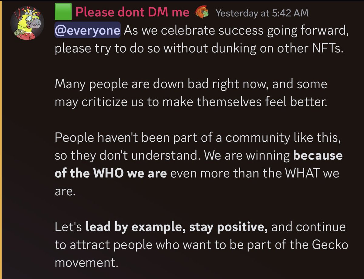 Rarely check discord announcements due to time however I was scrolling through today and saw this in the <a href="/GalacticGeckoSG/">🟩Galactic Gecko Space Garage 🦎 🛸 🪐</a> discord. 

Such a good narrative to push when you’re winning. 

Not much puts me off buying an NFT more than seeing bozos dunking on everyone they flipped.