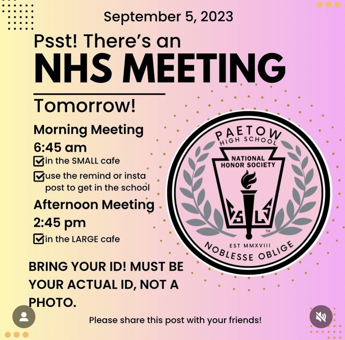 🚨 September Meeting Tomorrow! 🚨 We are so excited to welcome back our Seniors and welcome our newest Juniors! Please make note of the meeting locations. Noblesse Oblige!