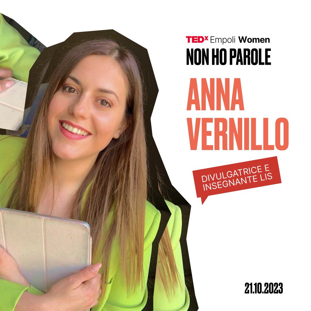 TEDxEmpoli's tweet photo. 🚨Momento delle presentazioni delle speaker del #TEDxEmpoliWomen🚨
❌Anna Vernillo❌
Diventa sorda a 21 anni, durante la gravidanza e oggi parla e segna, condividendo la sua esperienza e diffondendo la LIS come strumento comunicativo efficace, paritario ed inclusivo. https://t.co/N9WV0RhHF1