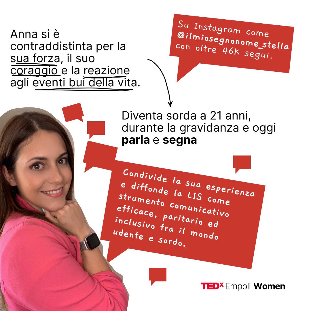 🚨Momento delle presentazioni delle speaker del #TEDxEmpoliWomen🚨
❌Anna Vernillo❌
Diventa sorda a 21 anni, durante la gravidanza e oggi parla e segna, condividendo la sua esperienza e diffondendo la LIS come strumento comunicativo efficace, paritario ed inclusivo.
