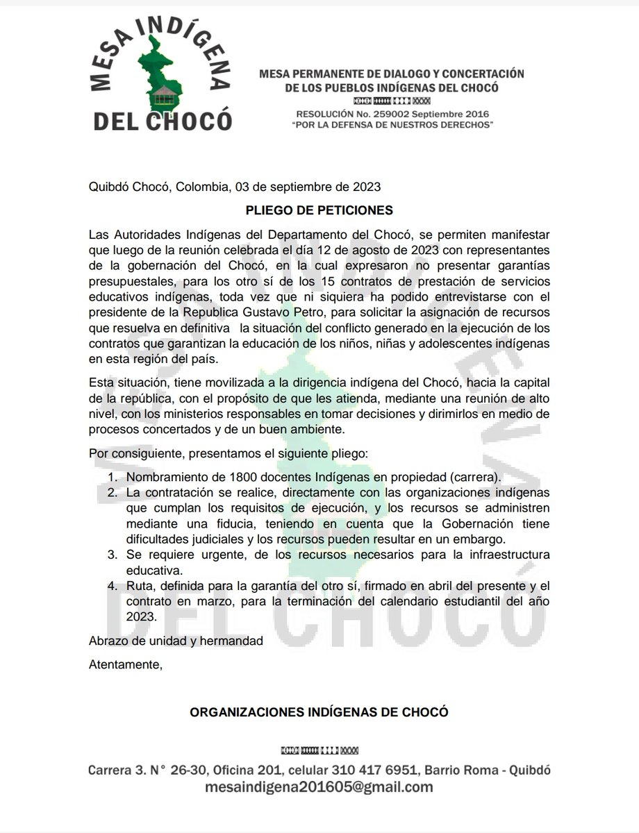 MPCCHoficial's tweet photo. AHORA| MINGA PACIFICA🗣️
Autoridades Indígenas Del Chocó, se reúnen a esta hora con diversas instituciones, a quienes presentan un pliego de peticiones, para garantizar #educacion a niños, niñas y adolescentes indígenas en #Chocó @Mineducacion @minhaciendaco https://t.co/qgvNk2U2N6
