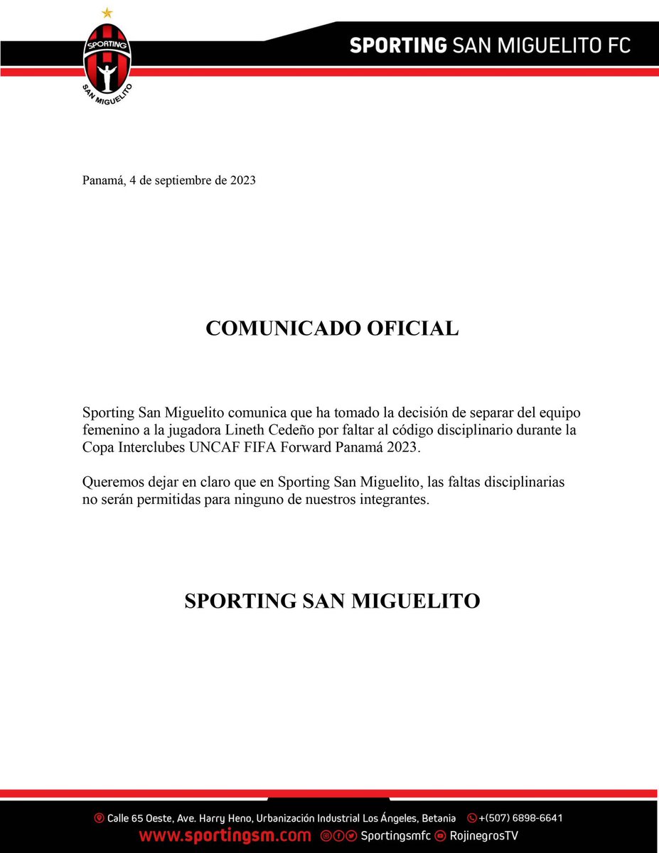 ¡Atención!🚨

El Sporting San Miguelito informa que han tomado la decisión de separar del equipo femenino a Lineth Cedeño “por falta al código disciplinario durante la Copa UNCAF.

#FutbolRPC