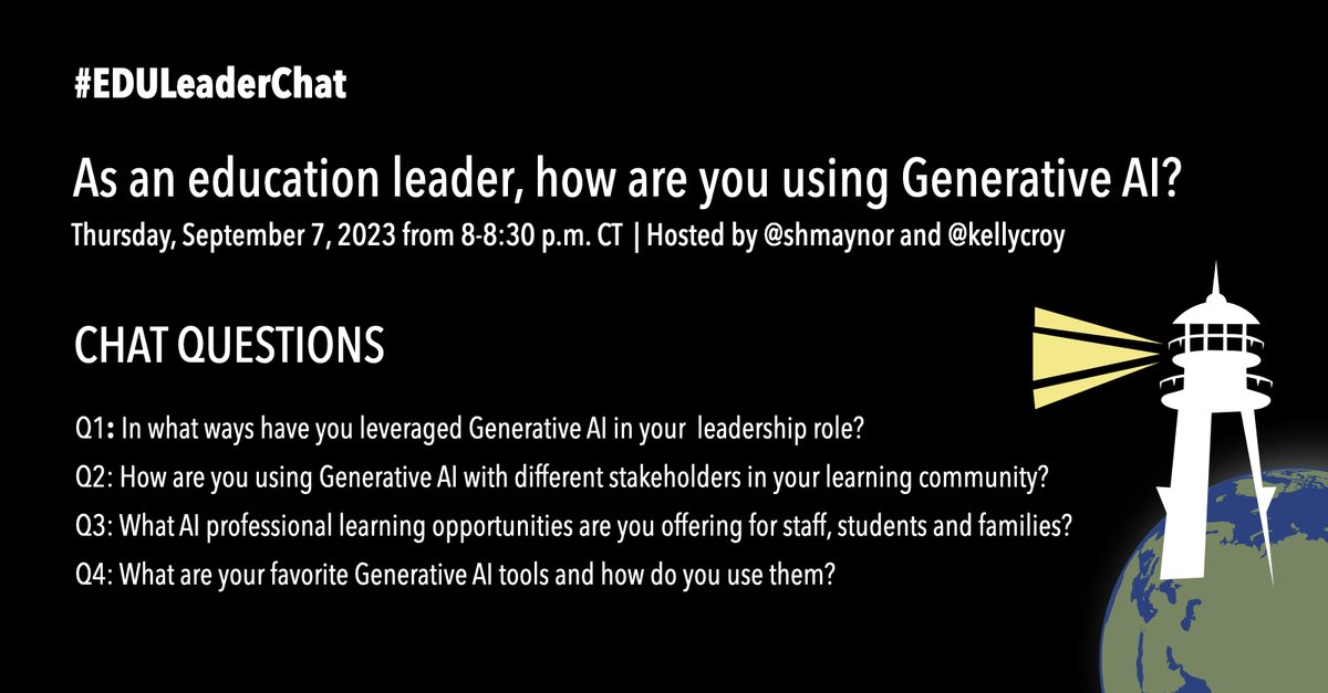 ➡️#EDULeaderChat questions for Thursday, Sept 7, 8-8:30 CT. This week we dive into AI in #education. Tag a colleague, bring your ideas and wisdom, and join the conversation! #teachertwitter #edutwitter <a href="/kellycroy/">Kelly Croy</a> <a href="/esquivel_gifted/">Amanda Esquivel</a> <a href="/tina_zita/">Tina Zita</a> <a href="/RyanSouza_9009/">Ryan Souza, Ed.D.</a>
<a href="/innovative_inq/">Cindy Kaardal</a>