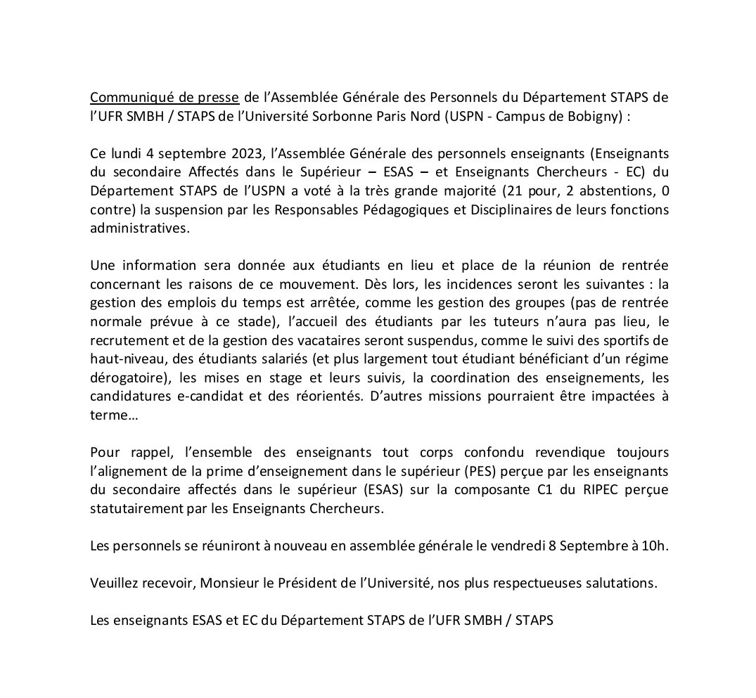 Le STAPS de l'Université Sorbonne Paris Nord: communiqué de presse
<a href="/libe/">Libération</a> <a href="/lemondefr/">Le Monde</a> <a href="/lefigaro/">lefigaro</a> <a href="/RaquelGarridoFr/">Raquel Garrido</a> <a href="/leparisien_93/">Le Parisien | 93</a> <a href="/LeParisien_75/">Le Parisien | Paris</a> <a href="/ANESTAPS/">ANESTAPS</a> <a href="/sup_recherche/">Ministère Enseignement supérieur/Recherche/Espace</a> <a href="/education_gouv/">Ministère Éducation nationale</a>