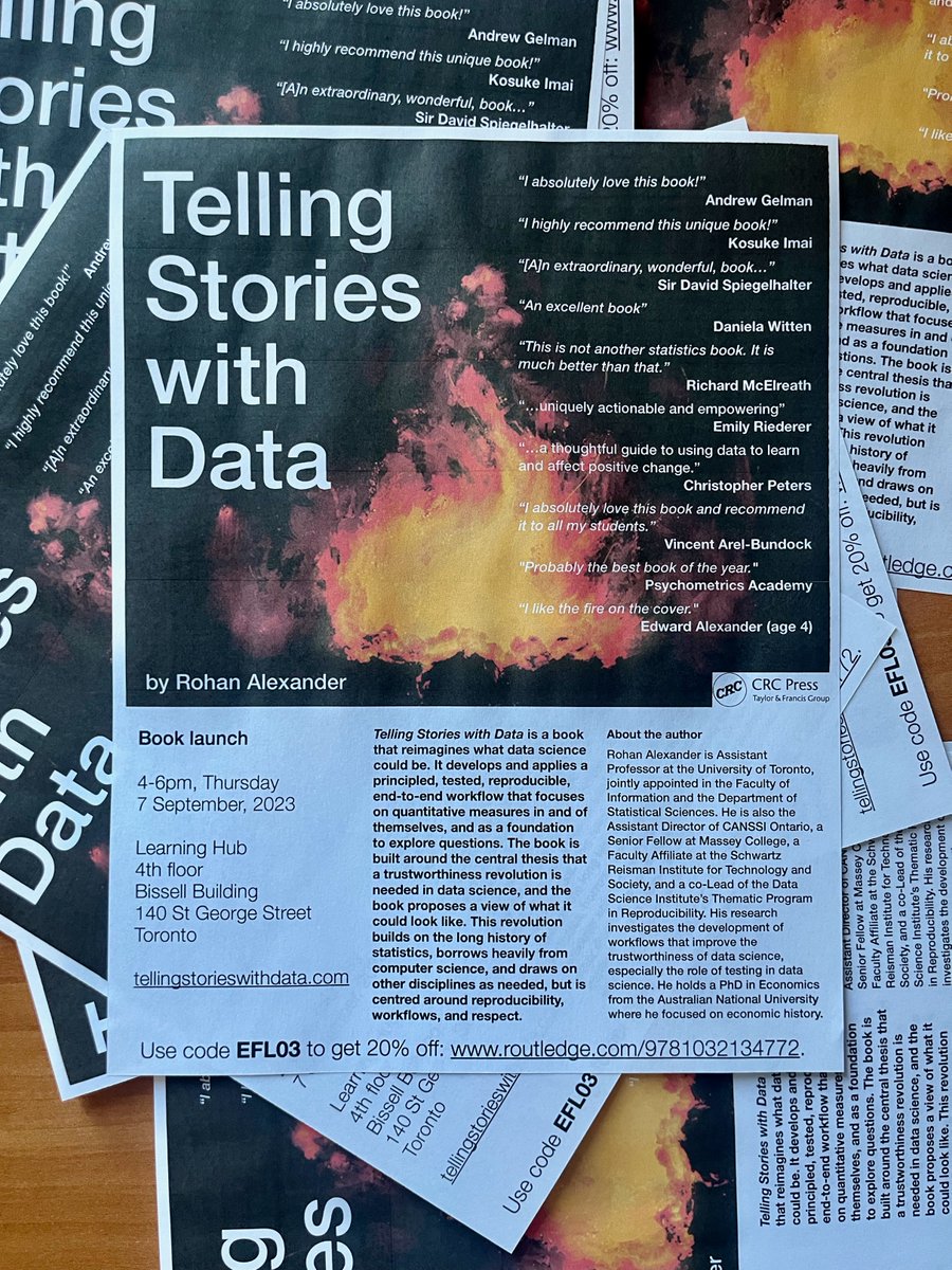 In case anyone in Toronto is free Thursday afternoon please come to a book launch for Telling Stories with Data. 
Edward Alexander (age 4) says "I like the fire on the cover"
Hardcopy is 20% off: routledge.com/Telling-Storie…
And free online here: tellingstorieswithdata.com
