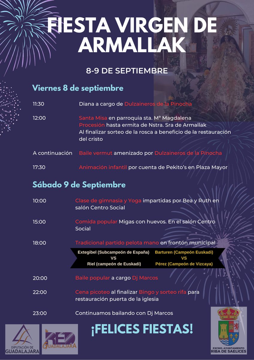 Adjuntamos de nuevo el cartel de la fiesta de Septiembre de la Virgen de Armallak con una pequeña modificación, ya que finalmente la animación infantil del viernes 8 será a las 17:30 de la tarde a cargo de Pekito's. En la plaza Mayor,siempre y cuando el tiempo nos respete...