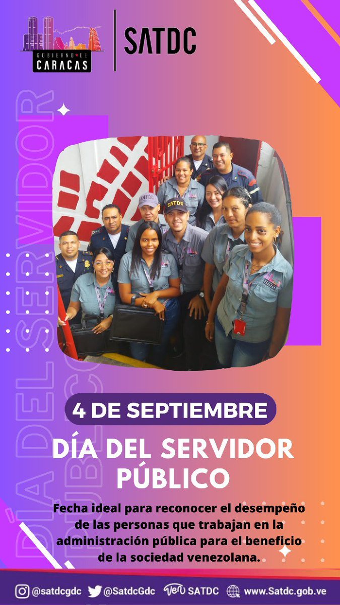 SATDC-GDC (@satdcgdc) on Twitter photo Nuestra efeméride del día de hoy. Felicitamos a todos los servidores públicos de Venezuela. Hombres y mujeres que trabajan por el desarrollo de nuestra patria.
<a href="/NicolasMaduro/">Nicolás Maduro</a>
<a href="/Nahumjfernandez/">Nahum Fernandez</a>
@GDCEsPueblo
<a href="/rlanz1974/">Ricardo Lanz</a>
#MeEncantaVenezuela Nuestra efeméride del día de hoy. Felicitamos a todos los servidores públicos de Venezuela. Hombres y mujeres que trabajan por el desarrollo de nuestra patria.
<a href="/NicolasMaduro/">Nicolás Maduro</a>
<a href="/Nahumjfernandez/">Nahum Fernandez</a>
@GDCEsPueblo
<a href="/rlanz1974/">Ricardo Lanz</a>
#MeEncantaVenezuela