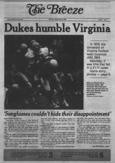 TheBreezeSports's tweet image. For the first time in 41 years, it's U.Va. week for @JMUFootball.

The two teams have played three times, with JMU pulling off a historic upset in the 1982 matchup.

Here's the front page of @TheBreezeJMU, Sept. 20, 1982:
