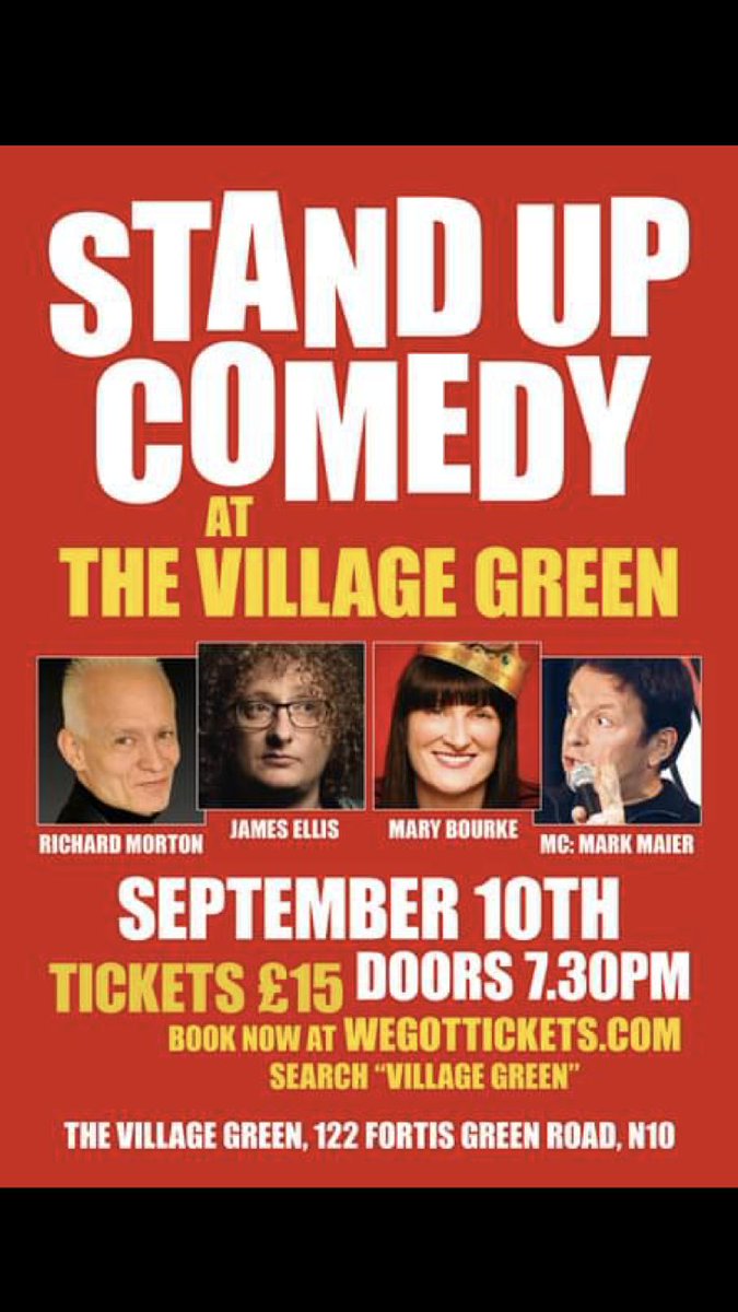 Looking forward to this one at the weekend - join us! #comedy #London <a href="/VillageGreenPub/">TheVillageGreenPub</a> <a href="/markgmaier/">Mark Maier</a> <a href="/IAmJamesEllis/">James Ellis</a> #MaryBourke