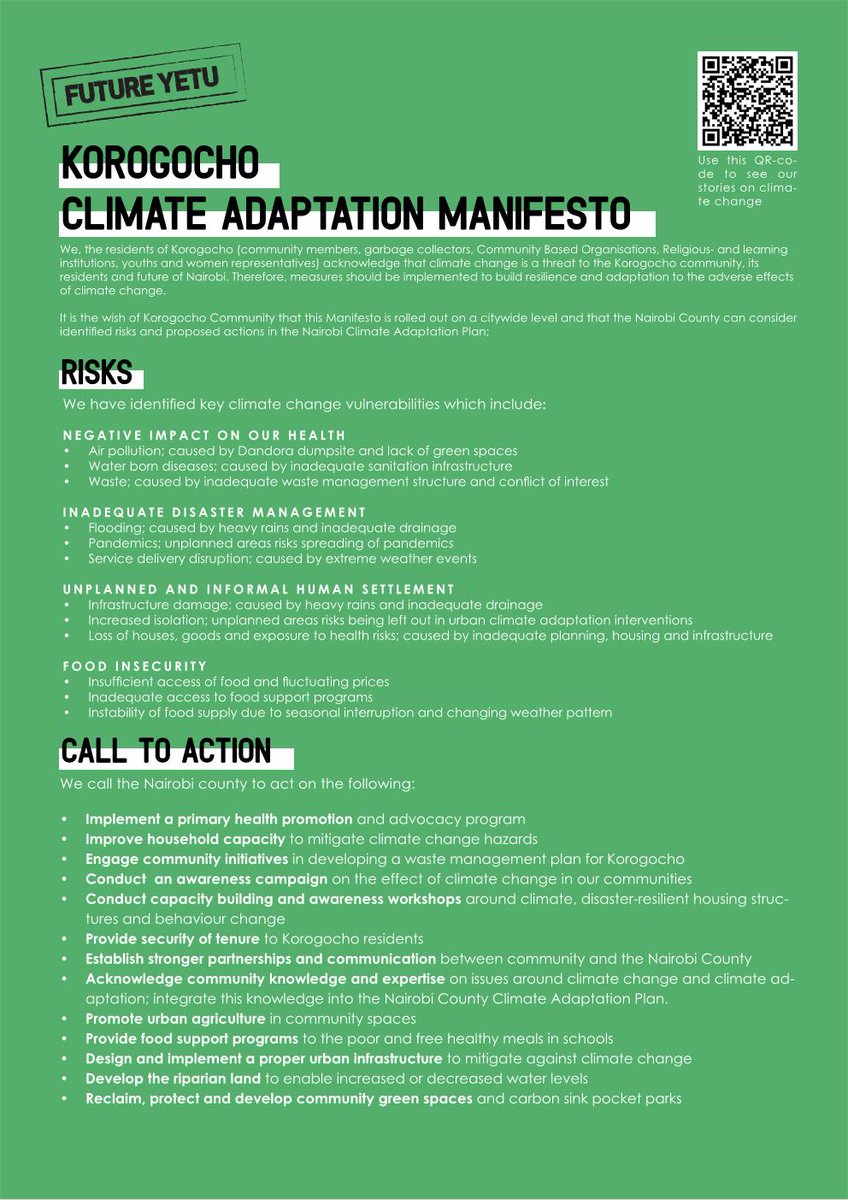 In collaboration with Korogocho residents <a href="/CitiesAlliance/">Cities Alliance</a> , we created the Korogocho climate action plan for #FutureYetu initiative back in 2021. As various leaders converge in Nairobi for the Africa climate summit, we urge them to prioritize the needs of the most vulnerable.
