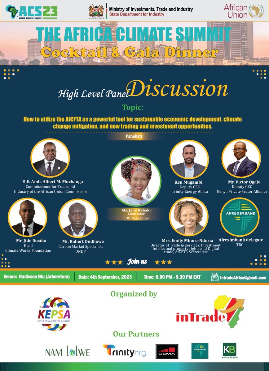 NamlolweE's tweet photo. A Cocktail &amp; Gala Dinner organised by @KEPSA_KENYA, @IntradeAfrica,@GSMA, @afreximbank &amp; @kingdombankenya during the #AfricaClimateSummit23 held the @RadissonBlu Arboretum Nairobi.
Theme: How to utilise #AfCFTA  as a tool for sustaining development &amp; climate change mitigation. https://t.co/dAjVVnc0f6