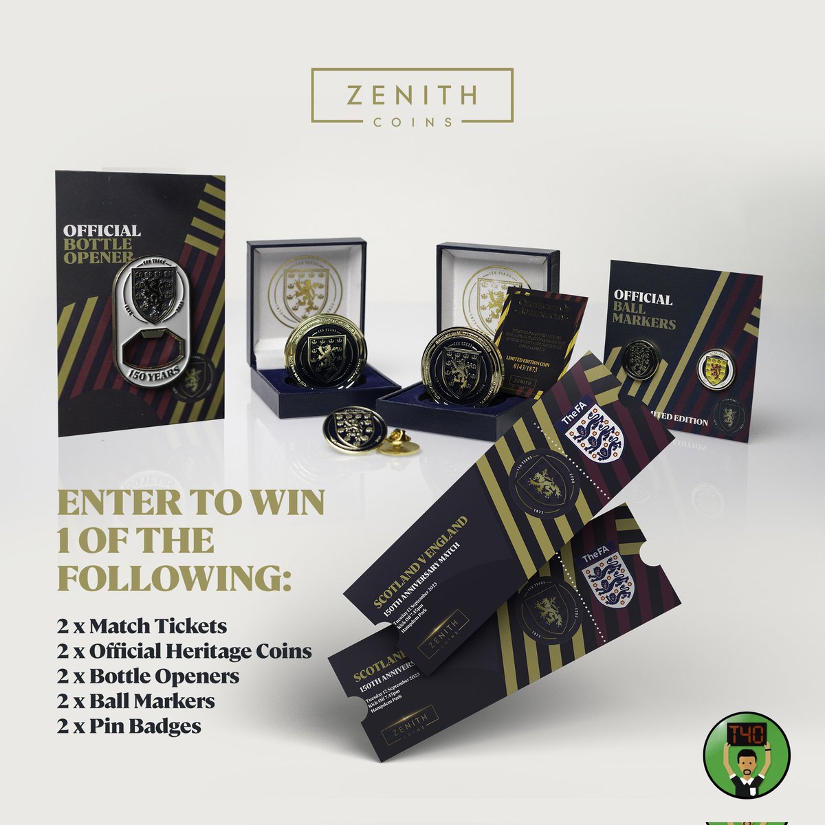 👀 Huge giveaway in collaboration with The 4th Official and Zenith Coins. The biggest prize is 2 tickets to the Scotland Vs England game for a lucky someone. Also, 4 other winners will be chosen for the other prizes. All you need to do to enter is RETWEET this and to be