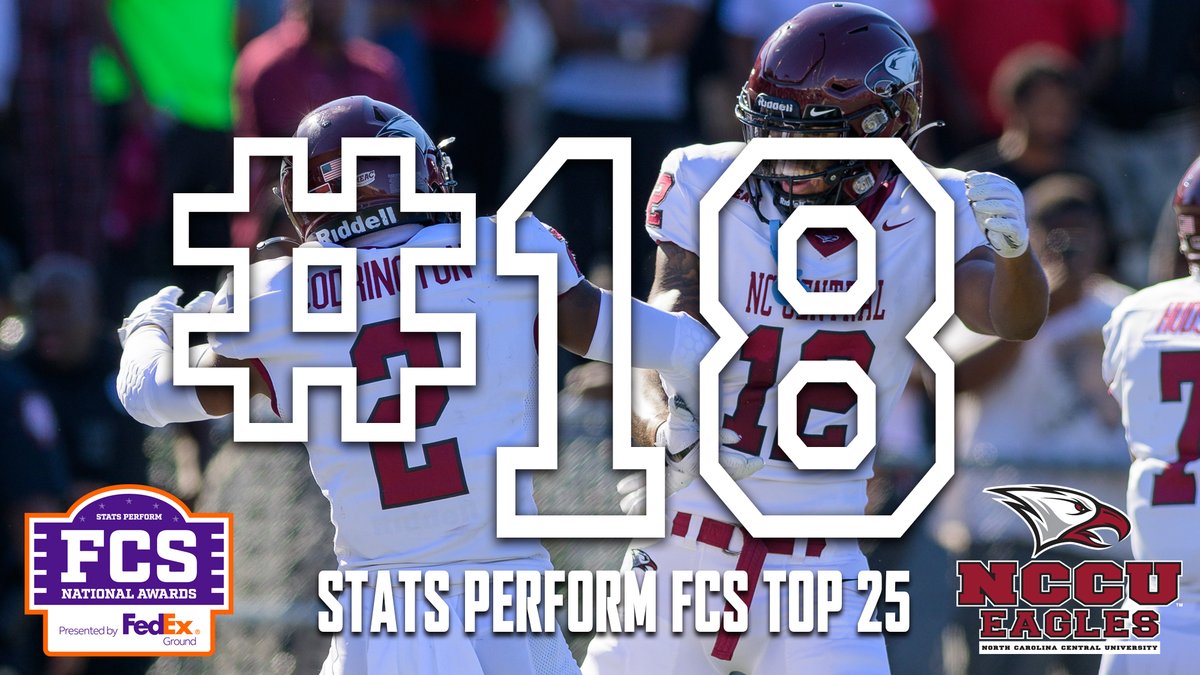 MOVING UP! @NCCU_Football has moved up one spot to No. 18 in the Stats Perform FCS Top 25 Poll after defeating WSSU 47-21 on Saturday. @FCS_STATS @MEACSports