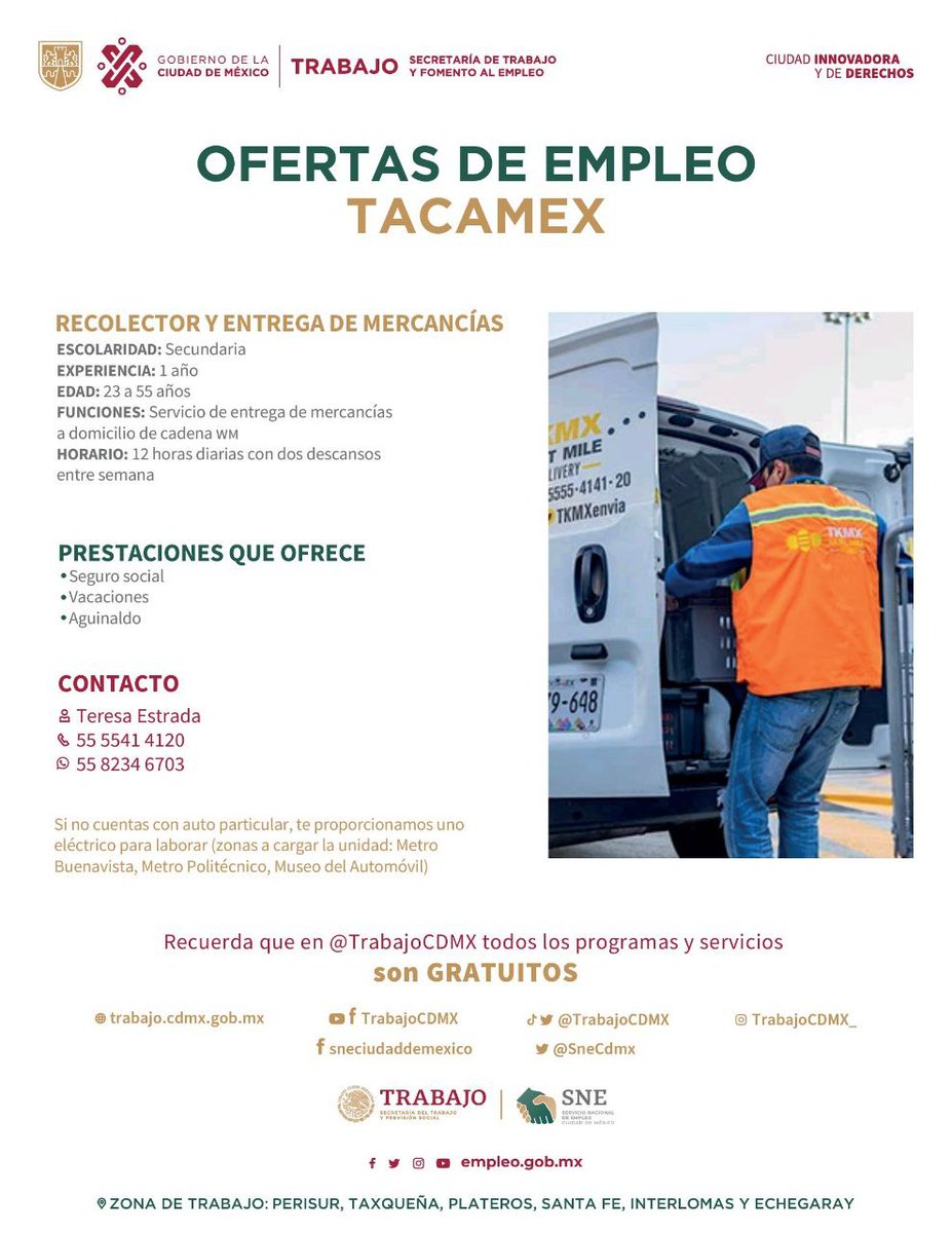 #OfertaDeEmpleo:  TACAMEX 
✅¿Te interesa alguna vacante? Contáctate aquí 👇 
👤 Teresa Estrada 
☎️ 5555414120 
☎️ 5582346703 
📩 bvalencia@grupomo.mx
#TrabajoEnLaCiudad  <a href="/GobCDMX/">Gobierno de la Ciudad de México</a>   <a href="/STPS_mx/">STPS México</a> <a href="/empleogob_mx/">Servicio Nacional de Empleo</a> <a href="/TrabajoCDMX/">Trabajo CDMX</a> <a href="/Luis_diazdeleon/">José Luis Rodríguez Díaz de León</a> <a href="/SneCdmx/">Servicio Nacional de Empleo CDMX</a> <a href="/CCLCDMX/">Centro de Conciliación Laboral CDMX</a>