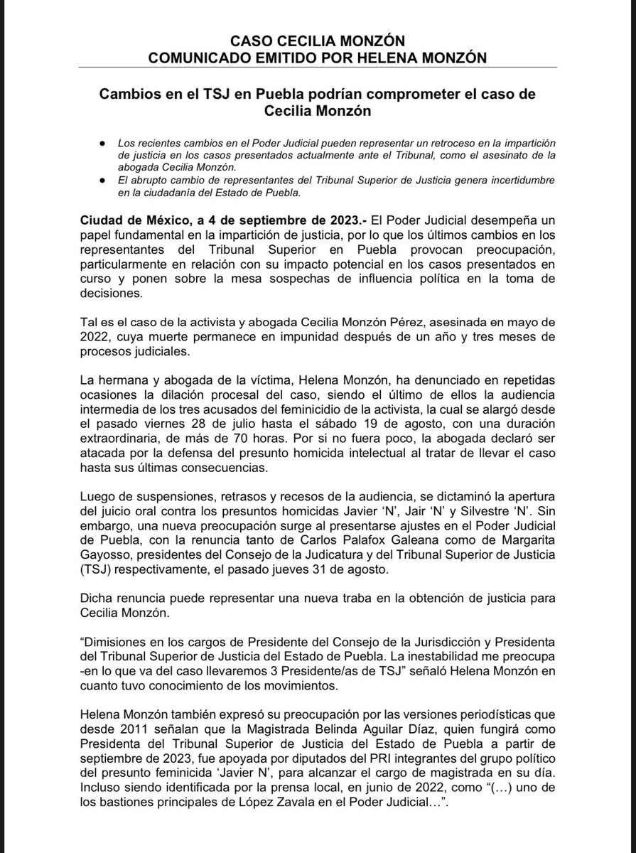 Helena_Monzon's tweet photo. 🚨🚨🚨

**COMUNICADO DE PRENSA 04/09/23: 

Cambios en el TSJ en Puebla podrían comprometer el caso de Cecilia Monzón**

#JusticiaParaCeciliaMonzón🌻, por y para todas las MUJERES

#RUIDO https://t.co/91Wq9R1yPh