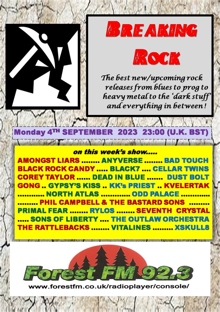 Announced! <a href="/pjbreakingrock/">Breaking Rockshow</a> today 11pm (UK) stream forestfm.co.uk/radioplayer/co… + <a href="/amongstliars/">Amongst Liars</a> <a href="/badtouchrocksuk/">Bad Touch</a> @blackrockcandy <a href="/DeadinBlueBand/">Dead In Blue</a> <a href="/DUSTBOLTband/">DUST BOLT</a> <a href="/KKsPriest/">KKs Priest</a> <a href="/Kvelertak/">Kvelertak</a> <a href="/north_atlas/">north atlas</a> <a href="/PCATBS/">Phil Campbell & TBS</a> <a href="/PrimalFearBand/">Primal Fear</a> <a href="/Seventh_Crystal/">SeventhCrystal</a> <a href="/SonsLibertyUK/">Sons of Liberty</a> <a href="/outlaworchestra/">The Outlaw Orchestra</a> <a href="/TheRattlebacks/">The Rattlebacks</a> +++