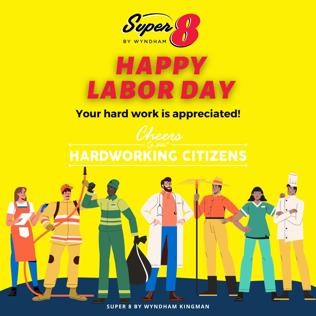 super8_kingman's tweet image. Labor Day: a reminder that every job is important and every worker deserves respect. Happy Labor Day! 🌟🤝 

#Super8byWyndham #KingmanAz #LaborDay20223 #RespectWorkers #LaborDay #AmericanWorkers