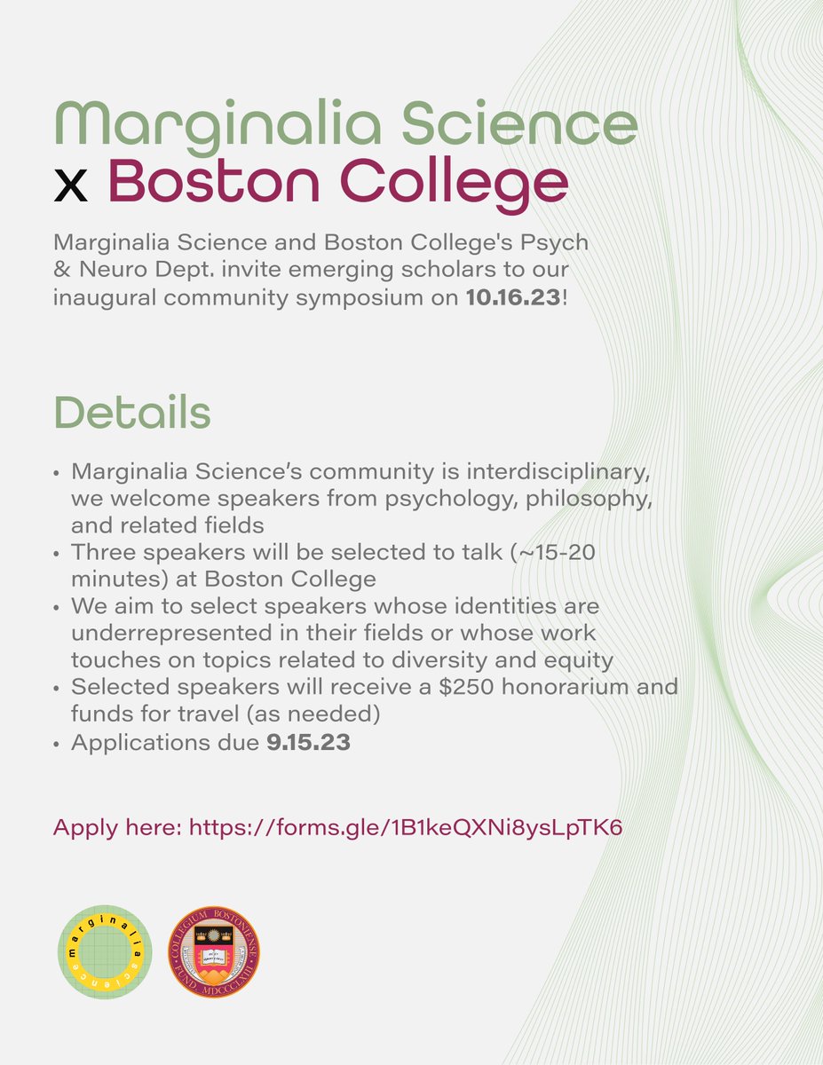 🚨 ATTN 📢 marginalia science is hosting its very first community symposium at boston college! we will select 3 early career speakers from psychology, philosophy, and related disciplines. 

speakers will receive travel support and an honorarium!

apply now! app due sep 15th