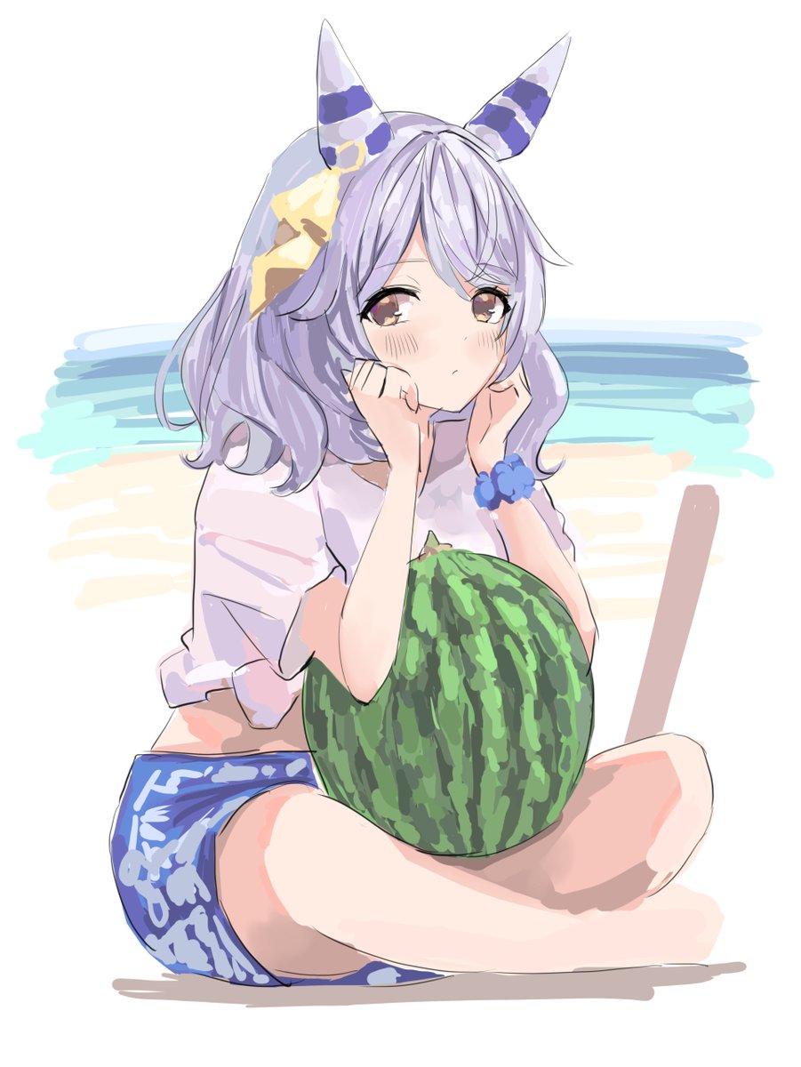 1girl food solo fruit watermelon horse ears shirt  illustration images