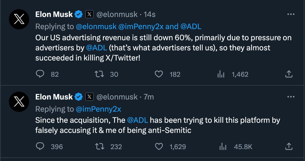 ShaykhSulaiman's tweet photo. ADL's Attempt to KILL X/Twitter

Elon Musk has confirmed that advertisers' revenues have plummeted by 60%. The cause behind this decline is the ADL's relentless pressure on advertisers to discontinue their support for X, effectively attempting to shut it down.

They persistently employ identity politics as a means to suppress any dissent or criticism directed at their actions.

This issue transcends political affiliations. I've observed individuals across the political spectrum engaging in identity politics on this platform and falsely accusing others of anti-Semitism, even though many prominent Jewish accounts have been targeted by the ADL.

#BanTheADL