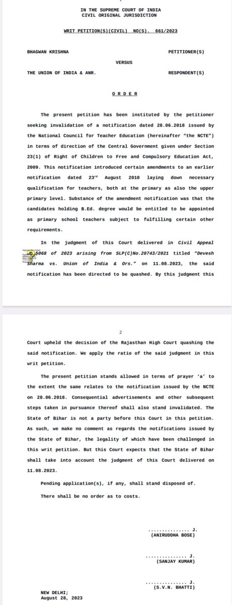 <a href="/atulpmail/">Atul Prasad</a>
सर माननीय सुप्रीम कोर्ट में D.EL.ED Vs B.ED केस का रिव्यू 3 जजों के बेंच में हुआ। 
पुनः माननीय सुप्रीम कोर्ट ने B.ED को कक्षा 1-5 से बाहर कर दिये।