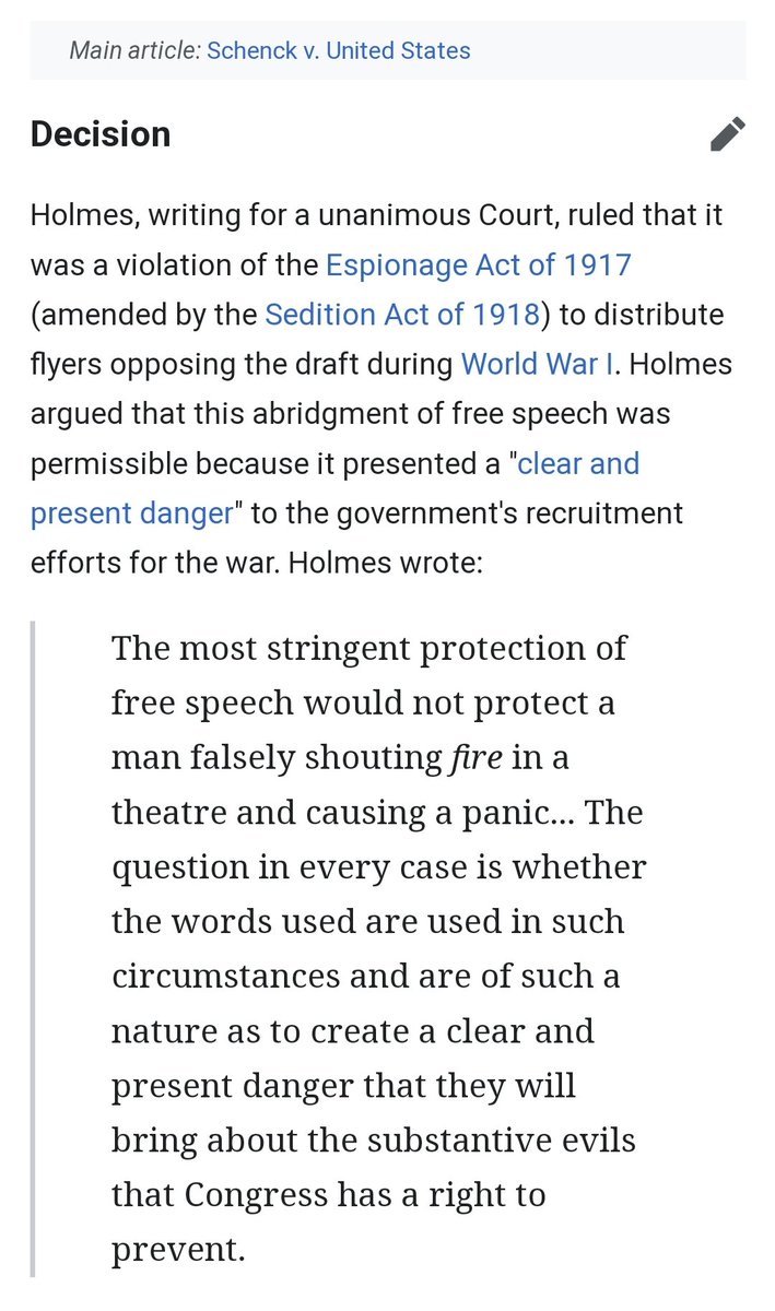 Miss_Fakey's tweet photo. @BadLegalTakes The first point is qrong but the second seems correct? Doing some reading and yes it looks like falsely yelling fire in a crowded theater would be illegal per Schenck v. United States. Could be misreading this though https://t.co/5AfEmlbqLS