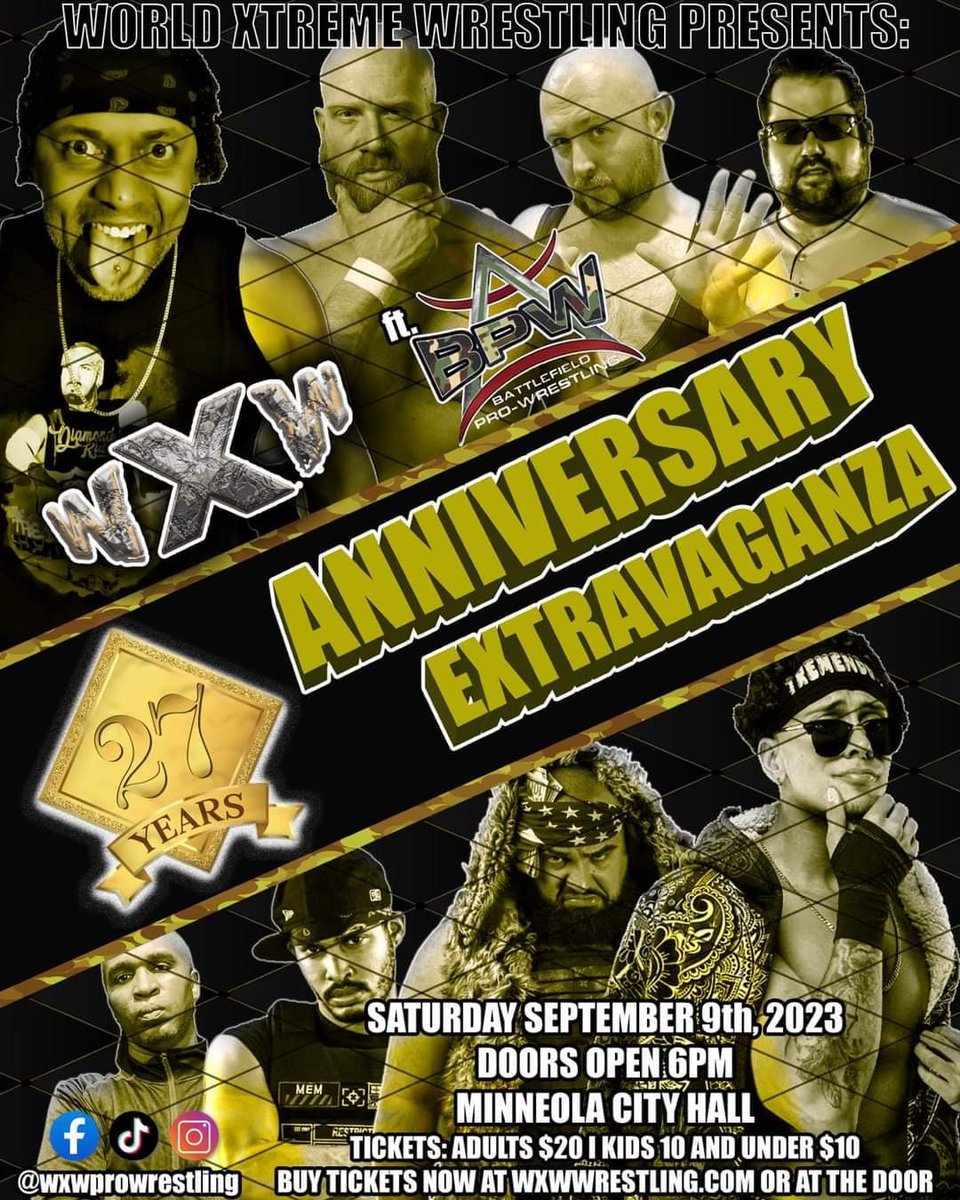 This Saturday come out and support WXW Wrestling 27th anniversary event, this is wxw biggest event of the year please come and watch your favorite superstars from the past and present
#wxwwrestling #wxw #thissaturdaynight #anniversary #comeout #WWEPayback #AEW #nwa #prowrestling