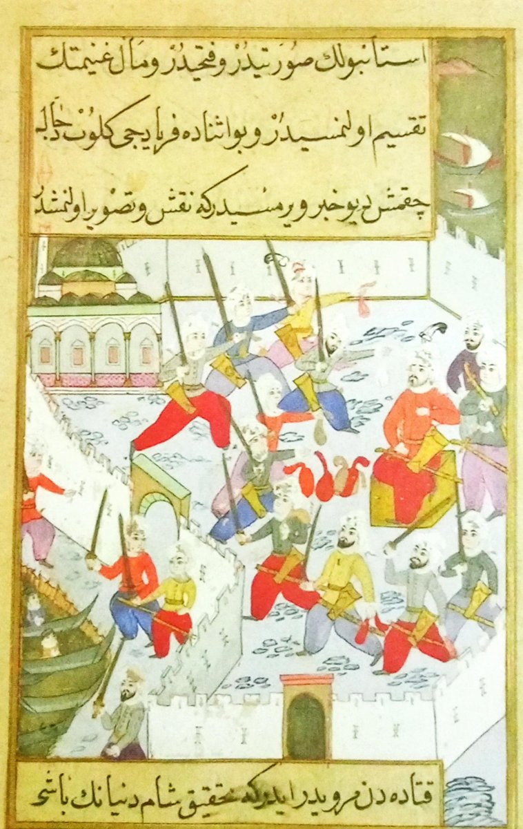 senaycmn's tweet photo. İstanbul'un fethini konu alan nadir bir minyatür. 
Üzerinde şöyle yazıyor: "İstanbul'un suretidir ve fethidir ve mal-ı ganimetin taksim olunmasıdır ve bu esnada feryadcı gelip Deccal çıkmıs deyü haber vermesidir ki nakş ve tasavvur olunmuştur"
En alttaki satır için destek rica https://t.co/VLrLQG7xF3