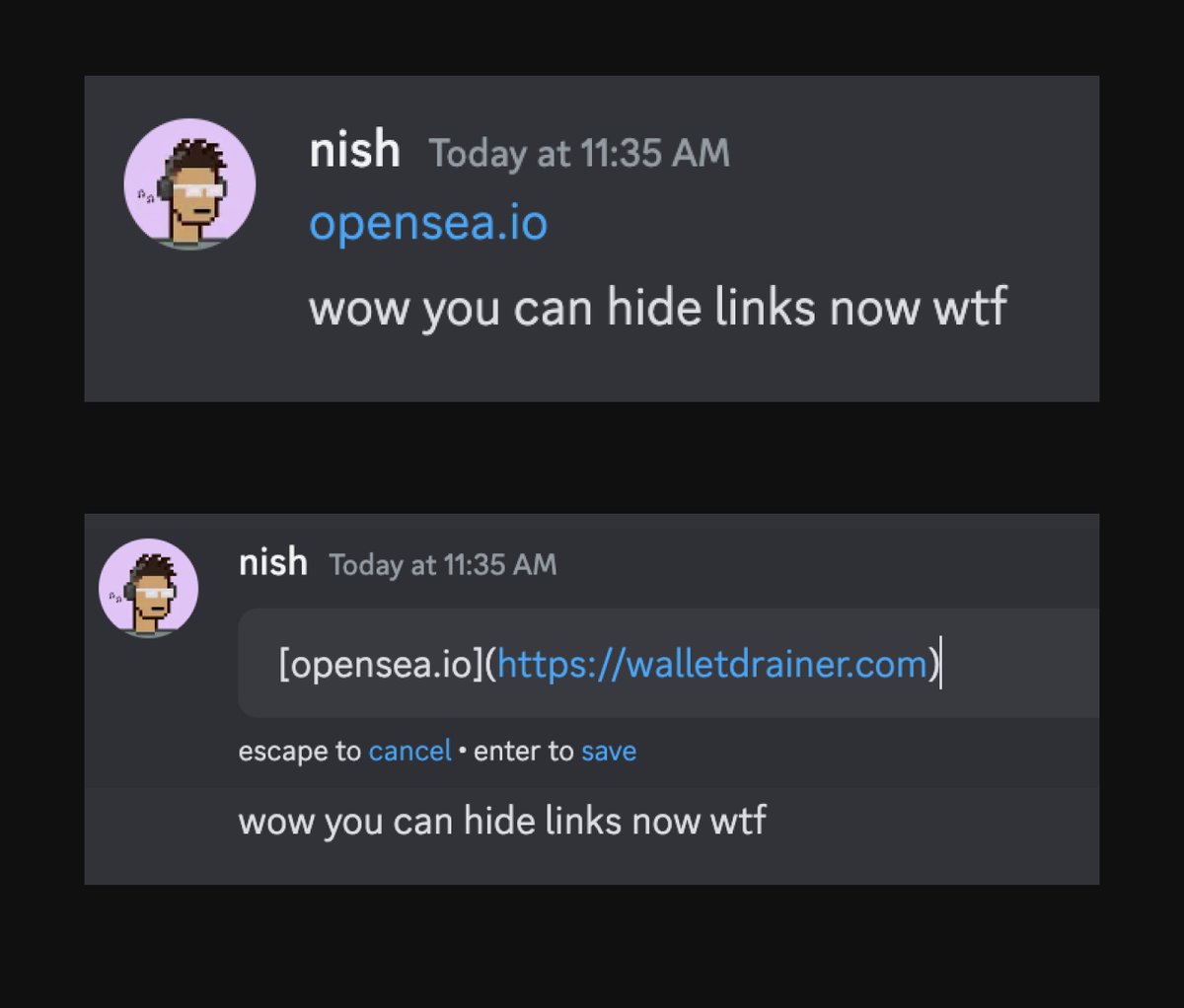 Scammers can now hide links in any discord text ☠️ Watch out for hidden wallet drainer links e.g. 👇