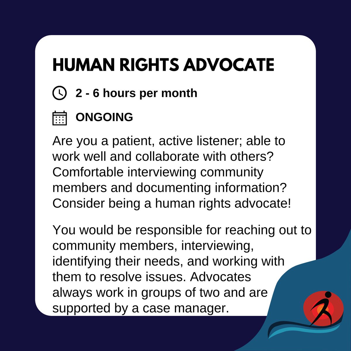 Are you an active listener who is passionate about supporting community members to identify their needs, working with them to find support, and resolve issues related to #humanrights? Then consider becoming a Human Rights #Advocate #Volunteer!

More info: volunteerconnector.org/edmonton/john-….