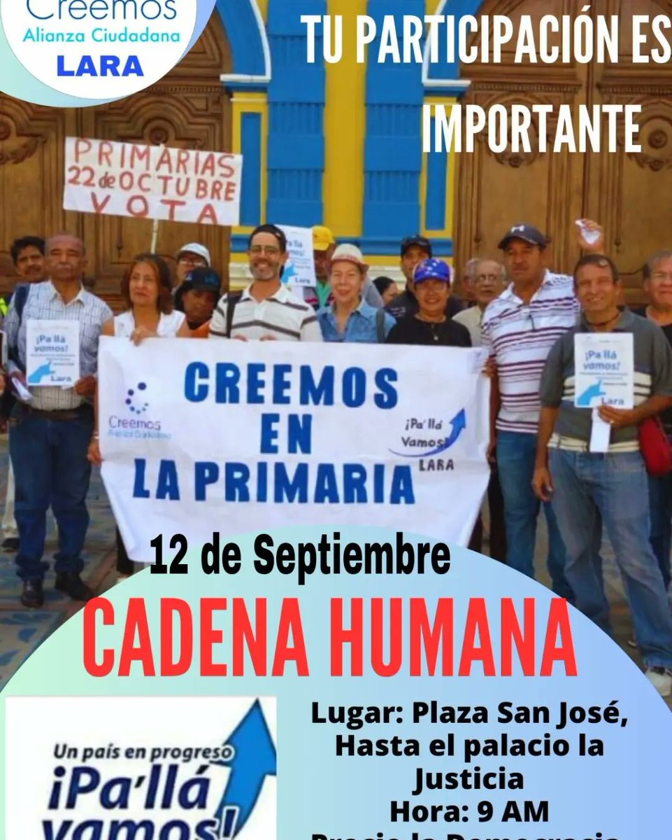 alcidesprez132's tweet photo. Desde Creemos Alianza Ciudadana Lara Extendemos la invitación a todos para que nos acompañen en esta actividad de calle que realizaremos este 12 de septiembre a las 9 de la https://t.co/gd2mVYK2pc"lla Vamos @Ciclotronix @cnprimariave @CreemosAlianzaC @notipromar @elimpulsocom https://t.co/LMA22rwZJw