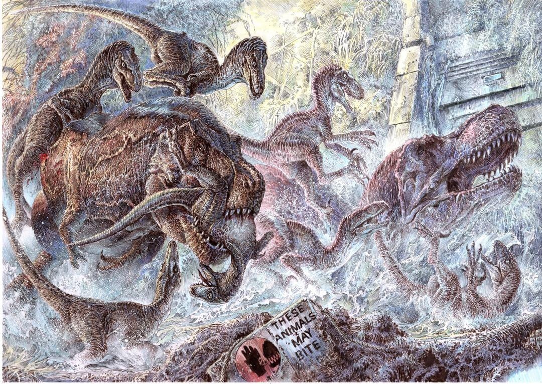 "These Animals May Bite!"

A3 private commission. 

The brief was seven raptors fighting two T. rexes on Jurassic Park. Nuff said.

I was very much thinking about Gustav Dore and Ray Harryhausen's concept art with this one.