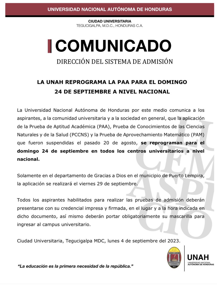 UNAH reprograma pruebas de admisiones para el domingo 24 de septiembre a nivel nacional.