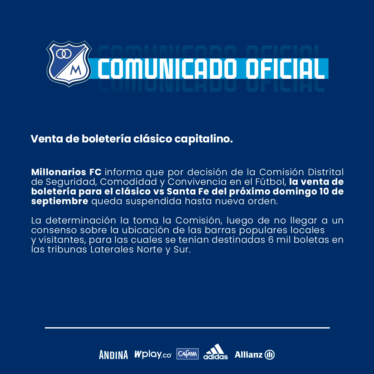 MillosFCoficial's tweet photo. ⚠️ Comunicado oficial suspensión venta de boletería para el clásico vs  Santa Fe ⚠️ https://t.co/TnpdFpI1nk