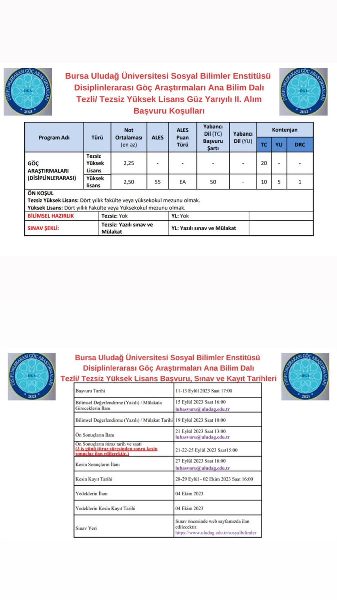 Bursa Uludağ Üniversitesi Sosyal Bilimler Enstitüsü Disiplinlerarası Göç Araştırmaları Ana Bilim Dalı Tezli/ Tezsiz Yüksek Lisans Programı 2023/2024 Güz Yarıyılı II.Alım Eylül Alımları Başvuru, Sınav ve Kayıt Tarihleri 
 
📌Detaylı Bilgi: uludag.edu.tr/sosyalbilimler…