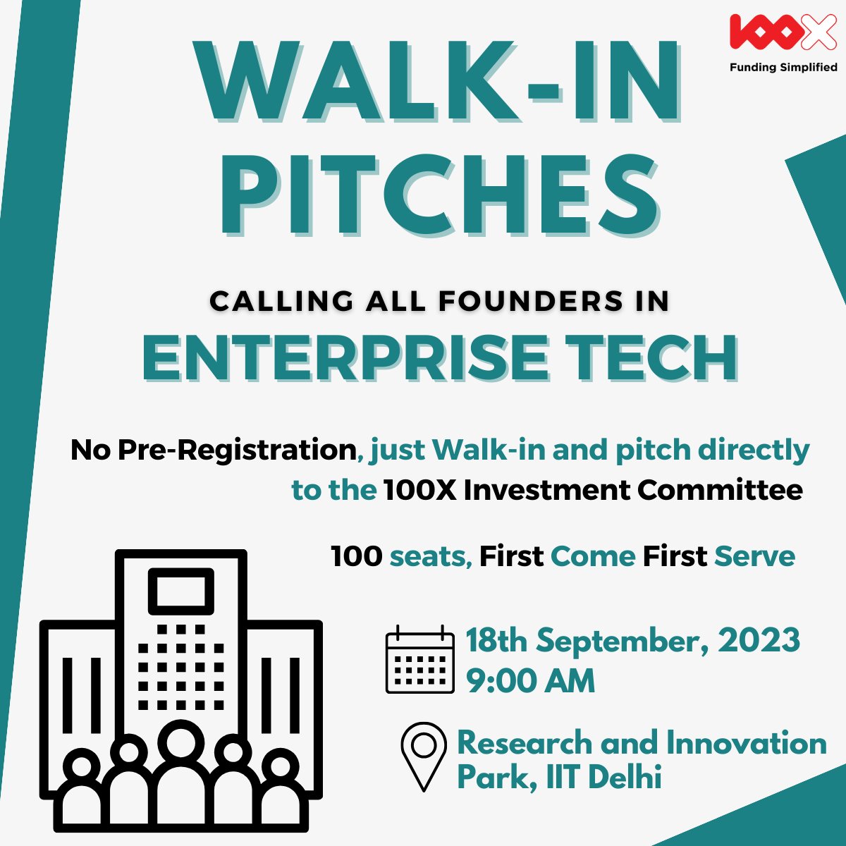 Calling all founders in Enterprise-Tech! Mark your calendars for September 18th, when we invite you to our walk-in pitch event at IIT Delhi's Research and Innovation Park. Doors open at 9 am, and registration will begin simultaneously. #enterprisetech #StartupEvent #IITDelhi
