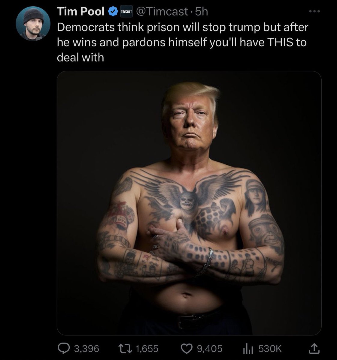 “honey we have to reschedule our date I have to wait for my AI image of tattooed muscular trump to finish generating”