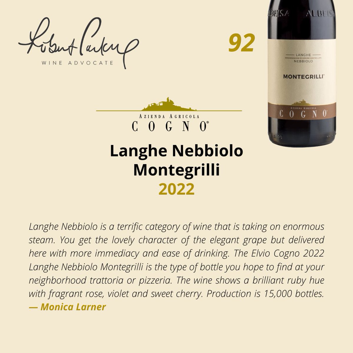 Thanks again to @MonicaLarner and Robert Parker @Wine_Advocate for these other beautiful reviews of our Barbaresco, Barbera d’Alba, Langhe Nebbiolo and Langhe Nascetta del Comune di Novello! 🙏

#elviocogno #wineadvocate #winereviews