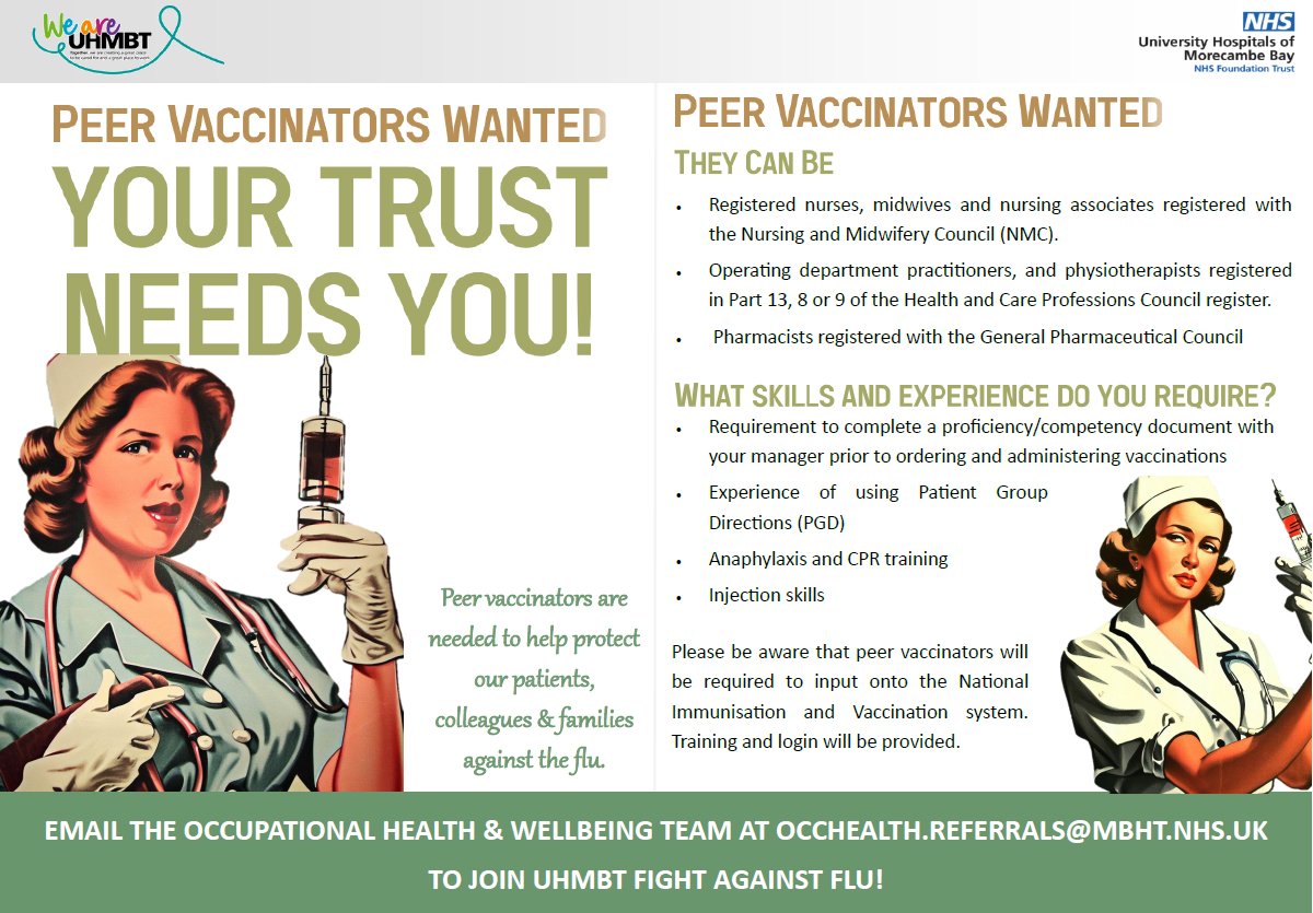UHMBT_OccHealth's tweet photo. @UHMBT Your Trust Needs You! 
Peer vaccinators required to support with this year Influenza campaign, &amp; to help protect our patients, colleagues &amp; families against the flu, see details of how to register your interest below 🩷 #UHMBTFlu2023 #Flufighting https://t.co/IZxbXBUVvK