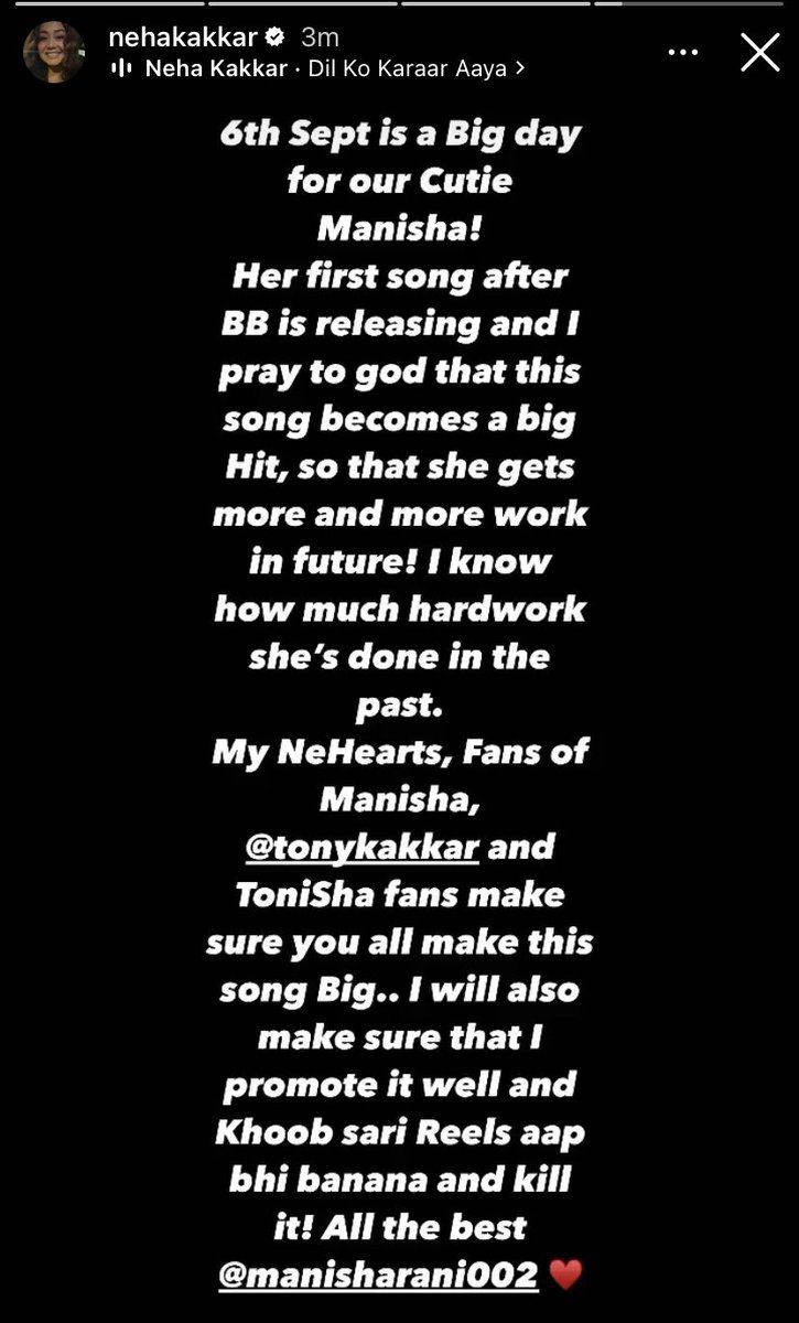 BiggBoss_Tak's tweet photo. Neha Kakkar sweet message to Manisha Rani and all the fans out here.

She requested fans to make Manisha's first music video biggest hit ever, so she gets more and more work. 

Kya aap log isse biggest hit ever banaege? https://t.co/BDp7G8zwe2