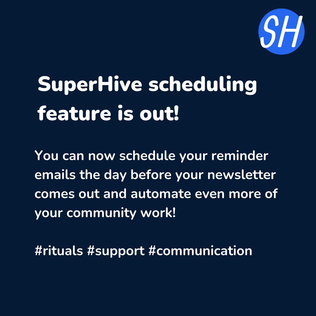 super_hive's tweet photo. We are excited to share that the scheduling feature is out! 🚀 This means – even less work for the Community Leaders. From now on you can schedule your reminder emails that help you collect up to 50% of the new posts for your next edition of the newsletter! 1/2 https://t.co/pIXeGxfgp5