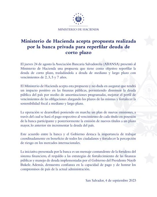 InformaTV_'s tweet photo. El Ministerio de @HaciendaSV dio a conocer que acepta la propuesta realizada por la banca privada para reperfilar la deuda de corto plazo.

#ITVX https://t.co/6meXjZ2ibN