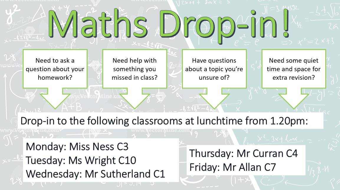 LenzieMaths's tweet photo. From today (Monday 4th September) we are running drop-in sessions every lunchtime from 1.20pm for help with homework/classwork or just a quiet space to do some Maths! See you all there! 🧮😎 https://t.co/o6VGvjWuCv