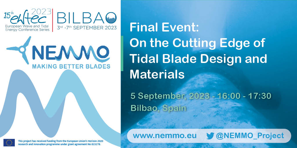 Attending @EWTEC? Join us tomorrow for our final event on novel #tidal energy #materials and #antifouling strategies research! 📅 5 Sept 2023, 16:00 - 17:30 CET 📍Arriaga/Side event/#EWTEC - Bilbao, Spain Check out our programme: nemmo.eu/2023/09/05/nem…