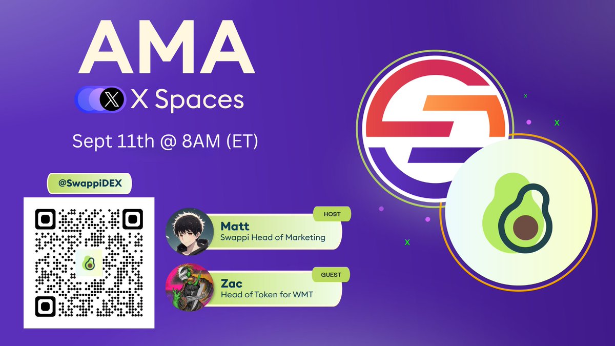 SwappiDEX's tweet photo. 👏 Swappi's pleased to announce an X Spaces AMA with @wmtoken WMT

👋 Join us as we welcome Head of Token, Zac

🤔 How will WMT benefit from a Swappi listing? 

🙋 Have questions for WMT? Leave it in the comments to be answered during the AMA

⤵️ Join us
https://t.co/37404dD3au https://t.co/DEMLKdAsIP