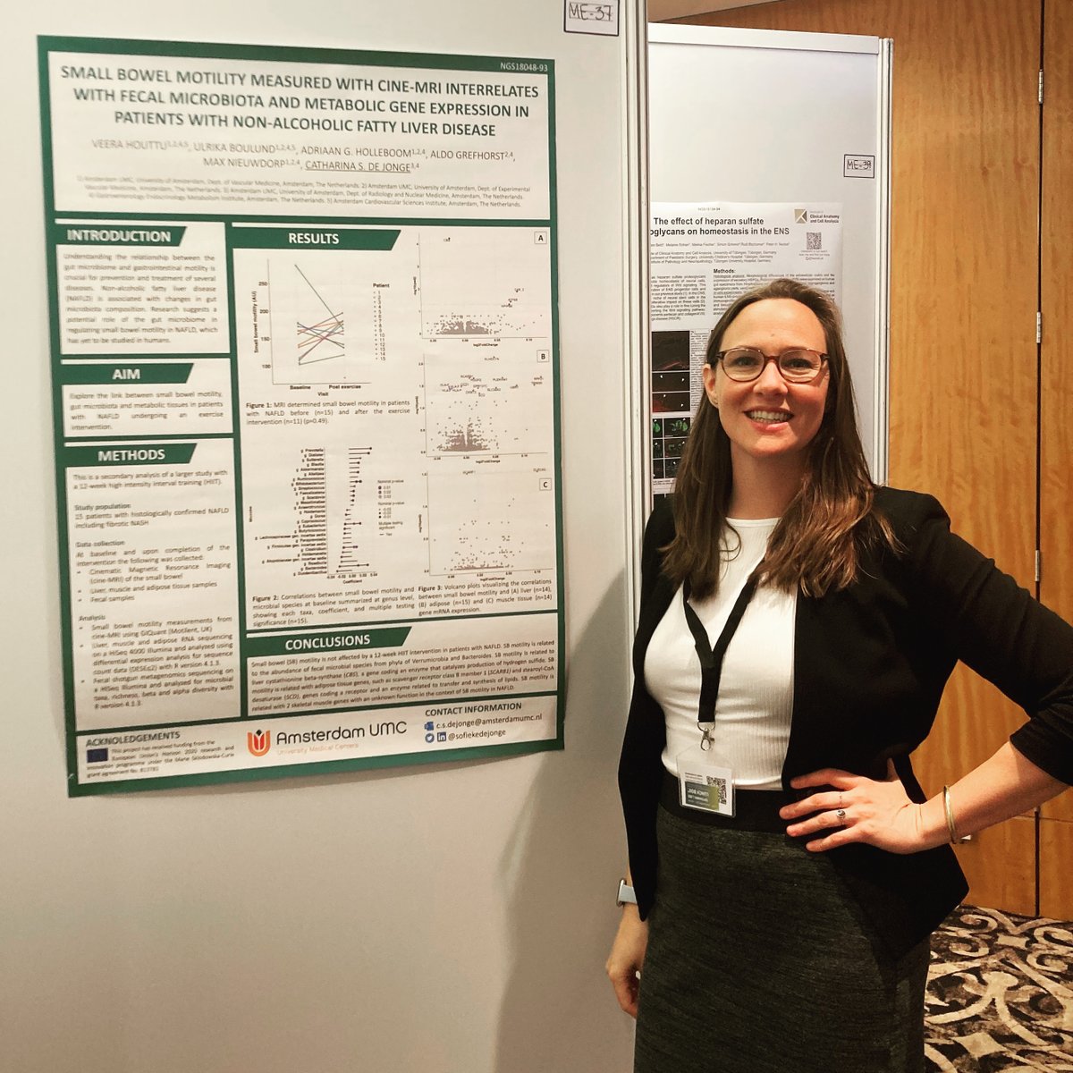 sofiekedejonge's tweet photo. Really proud to present the first work we did on  combining small bowel motility MRI measurements, microbiome and gene  expression to start exploring their relationships #NeuroGASTRO2023 @esnm_eu 

#smallbowel #motility #mri #microbiome #geneexpression #research #amsterdamumc https://t.co/Pebl62ladq